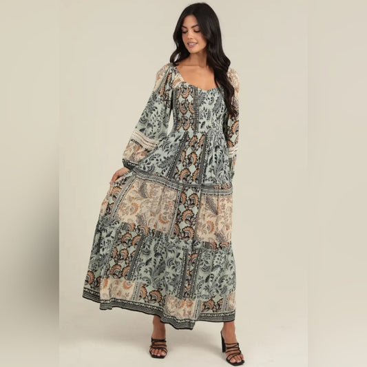 Angie Floral Maxi Dress in Green and Cream