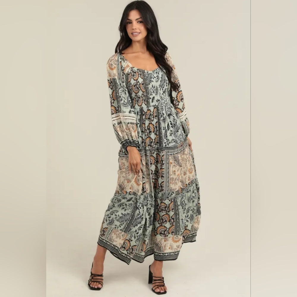 Angie Floral Maxi Dress in Green and Cream