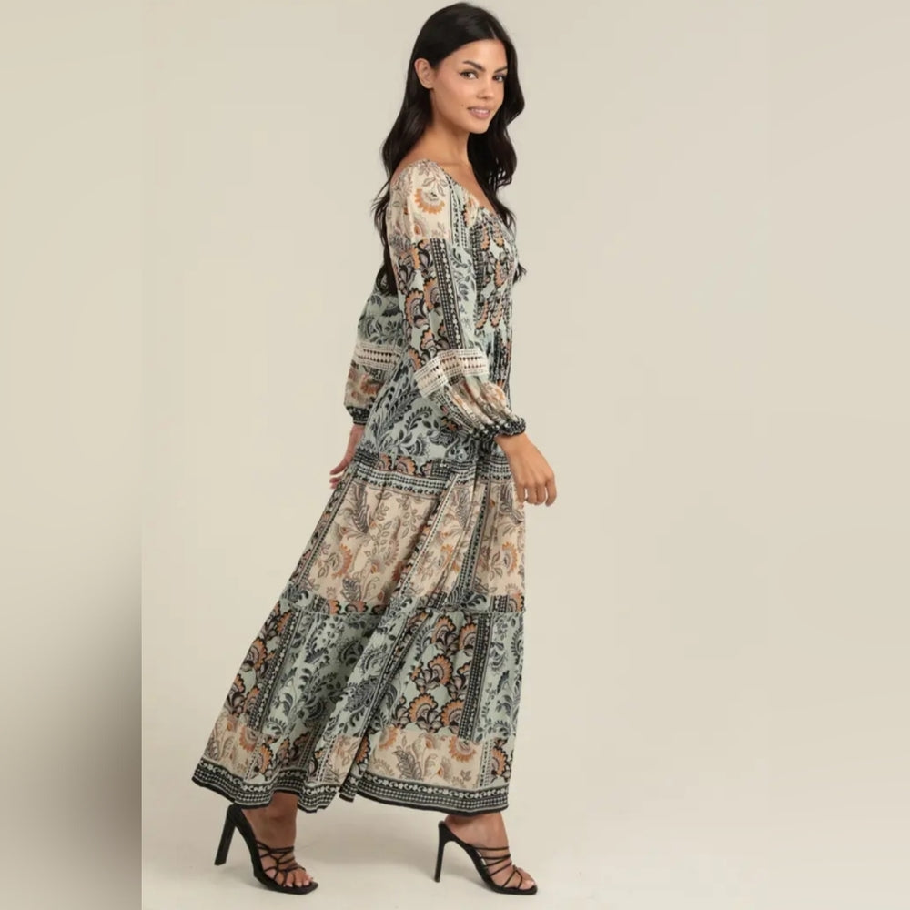 Angie Floral Maxi Dress in Green and Cream