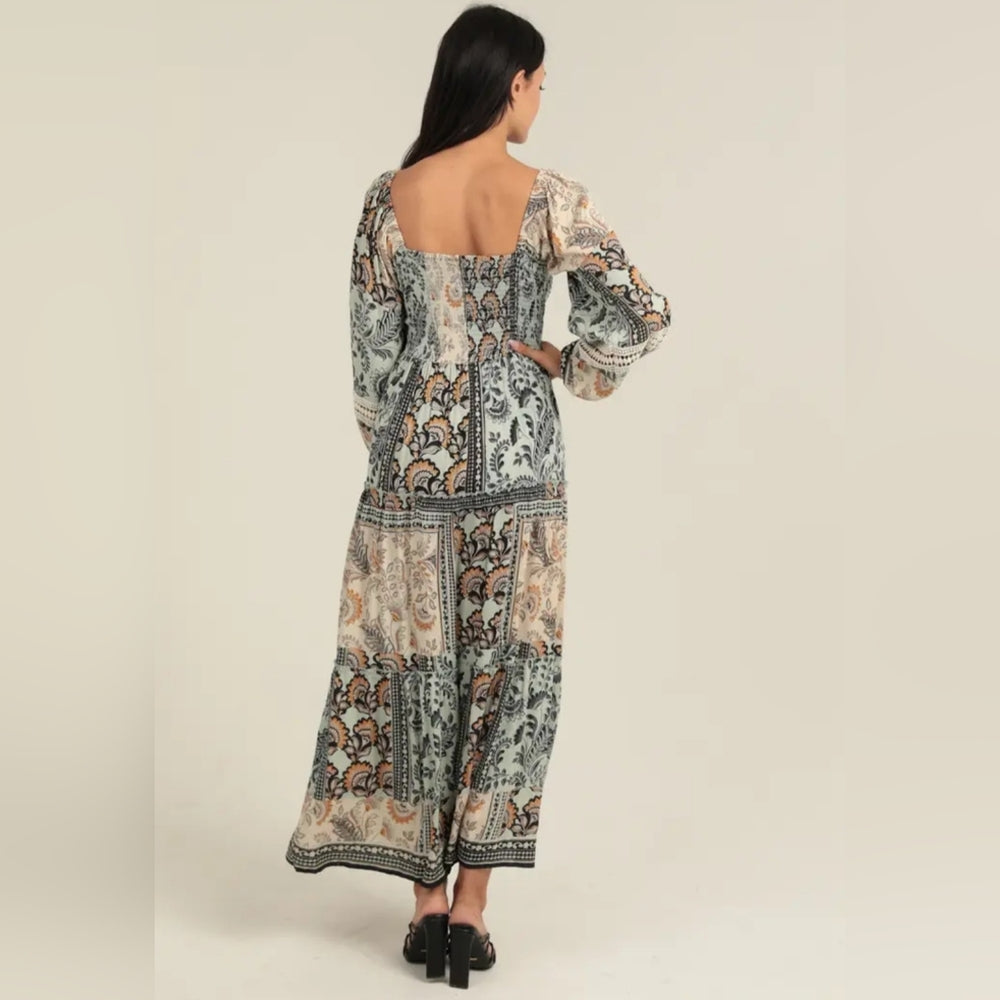 Angie Floral Maxi Dress in Green and Cream