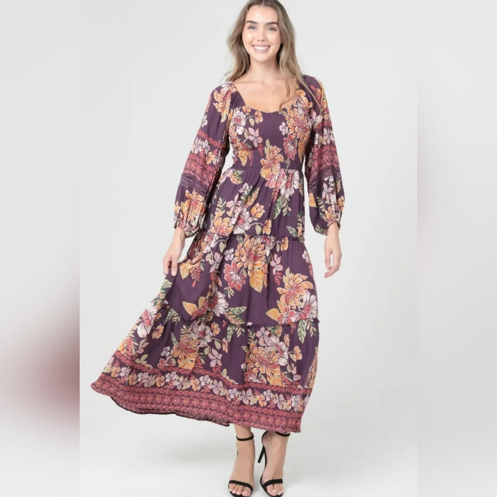 Angie Long Sleeve Floral Dress in Purple and Pink
