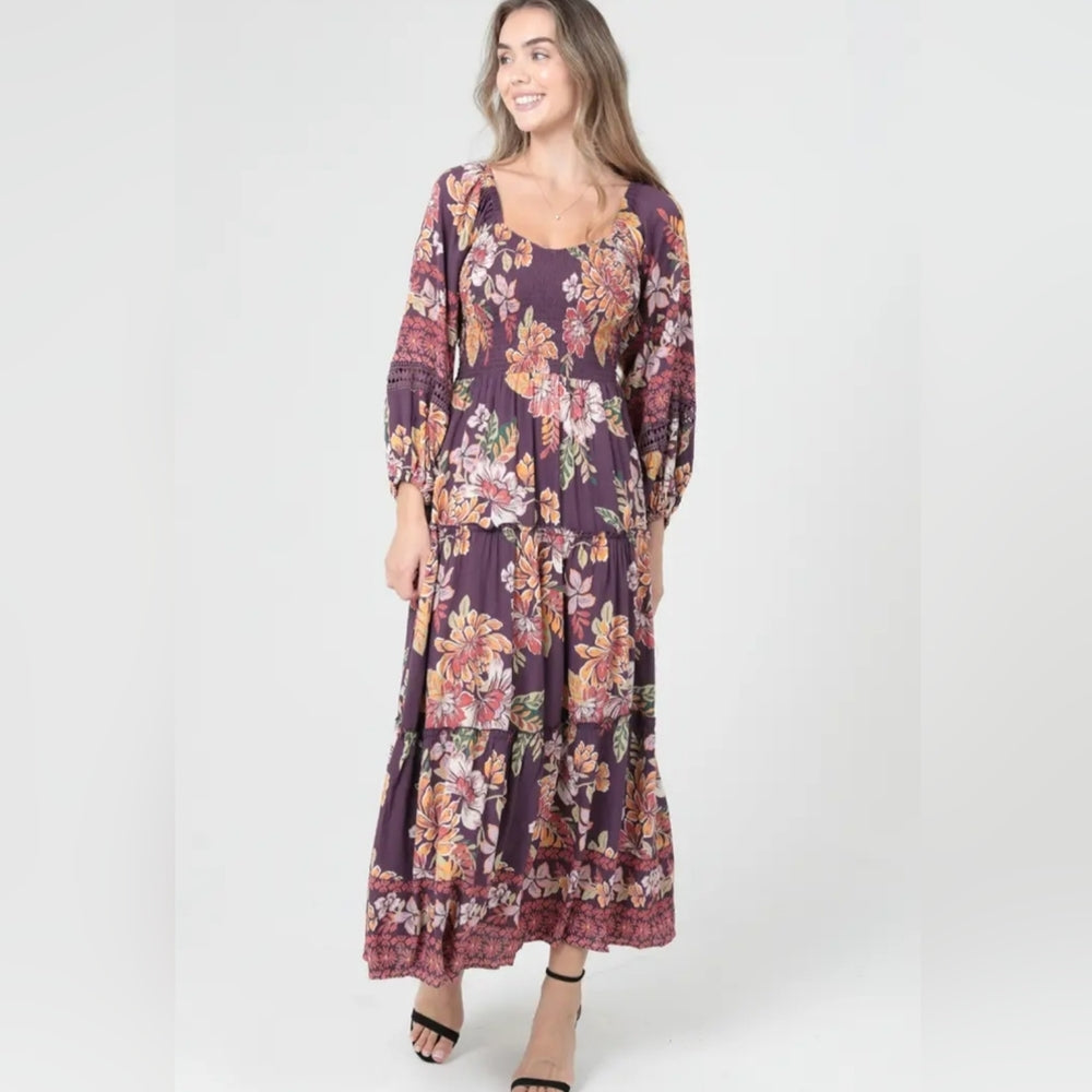 Angie Long Sleeve Floral Dress in Purple and Pink