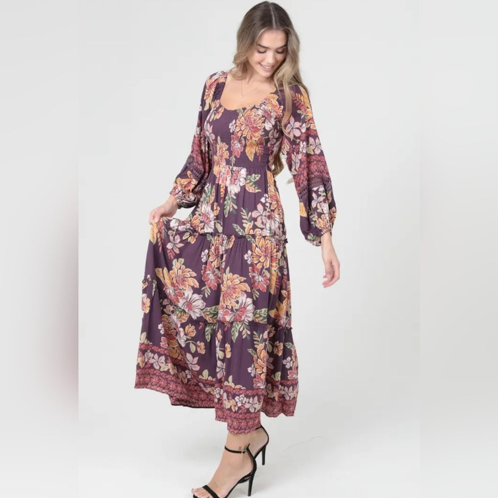 Angie Long Sleeve Floral Dress in Purple and Pink