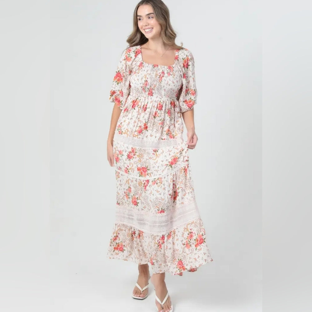 Angie Red and Cream Floral Maxi Dress