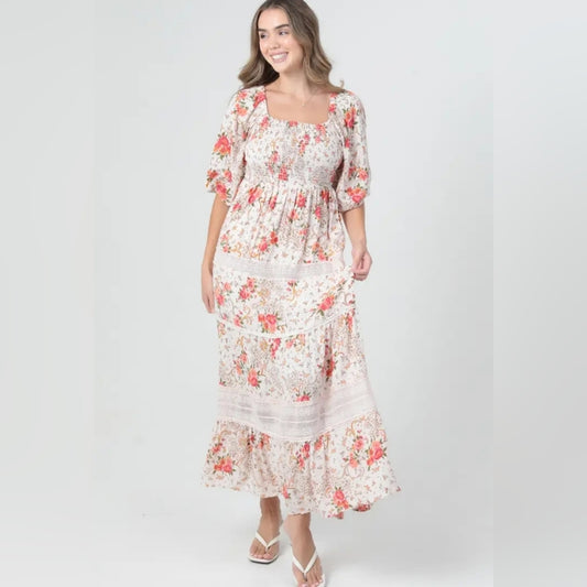 Angie Red and Cream Floral Maxi Dress