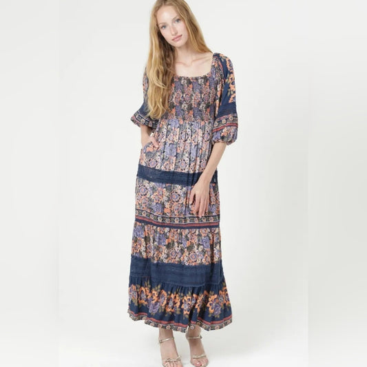 Floral Maxi Dress with Blue and Pink Accents