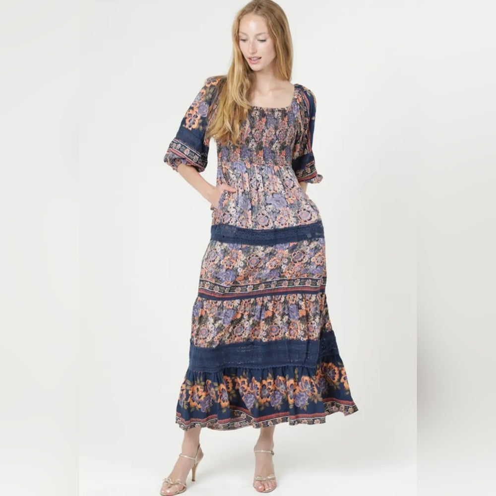 Floral Maxi Dress with Blue and Pink Accents