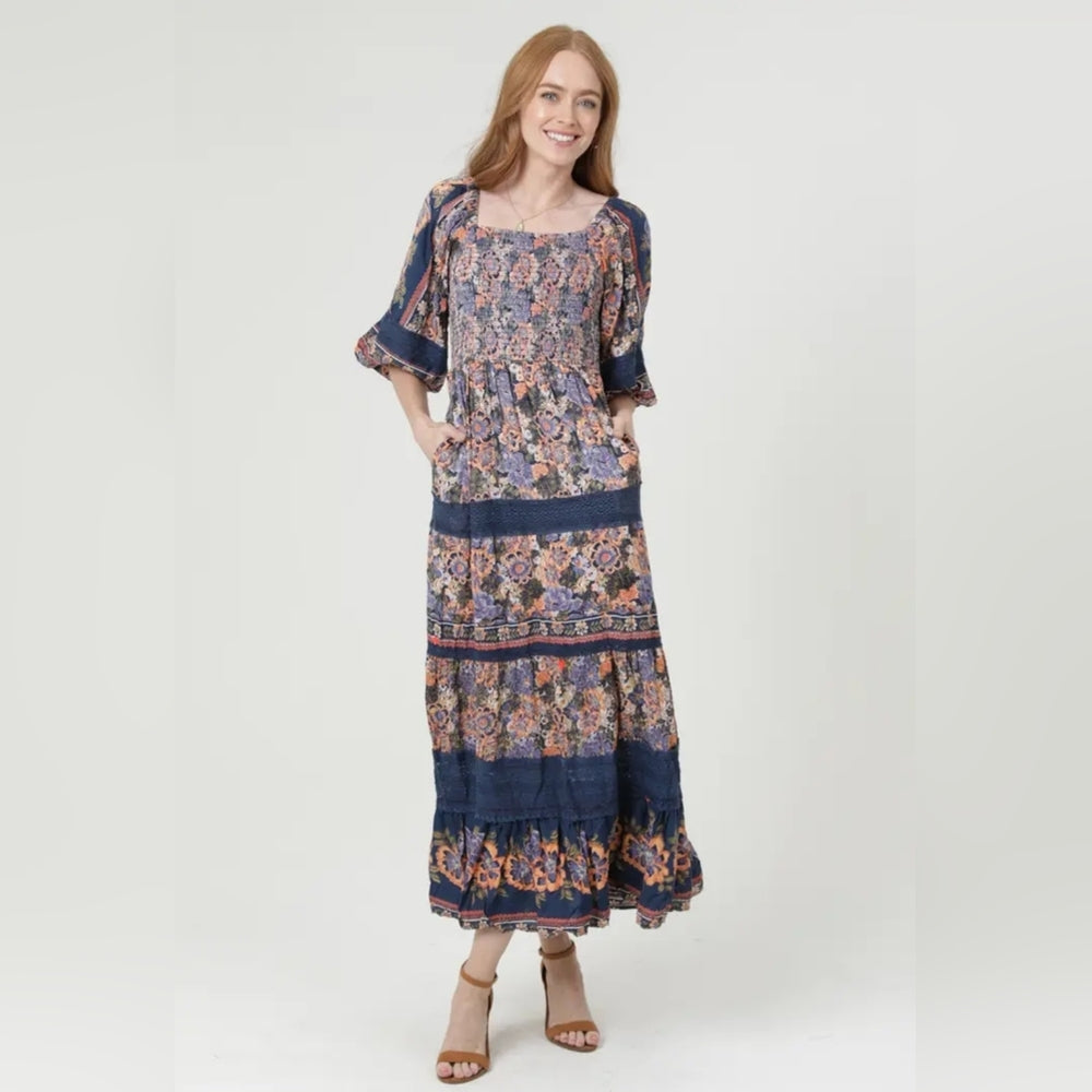 Floral Maxi Dress with Blue and Pink Accents