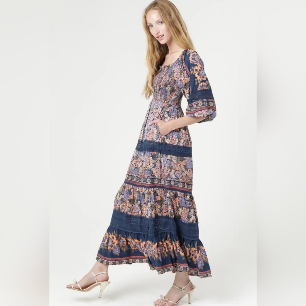 Floral Maxi Dress with Blue and Pink Accents