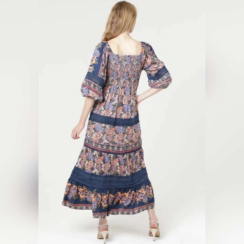 Floral Maxi Dress with Blue and Pink Accents