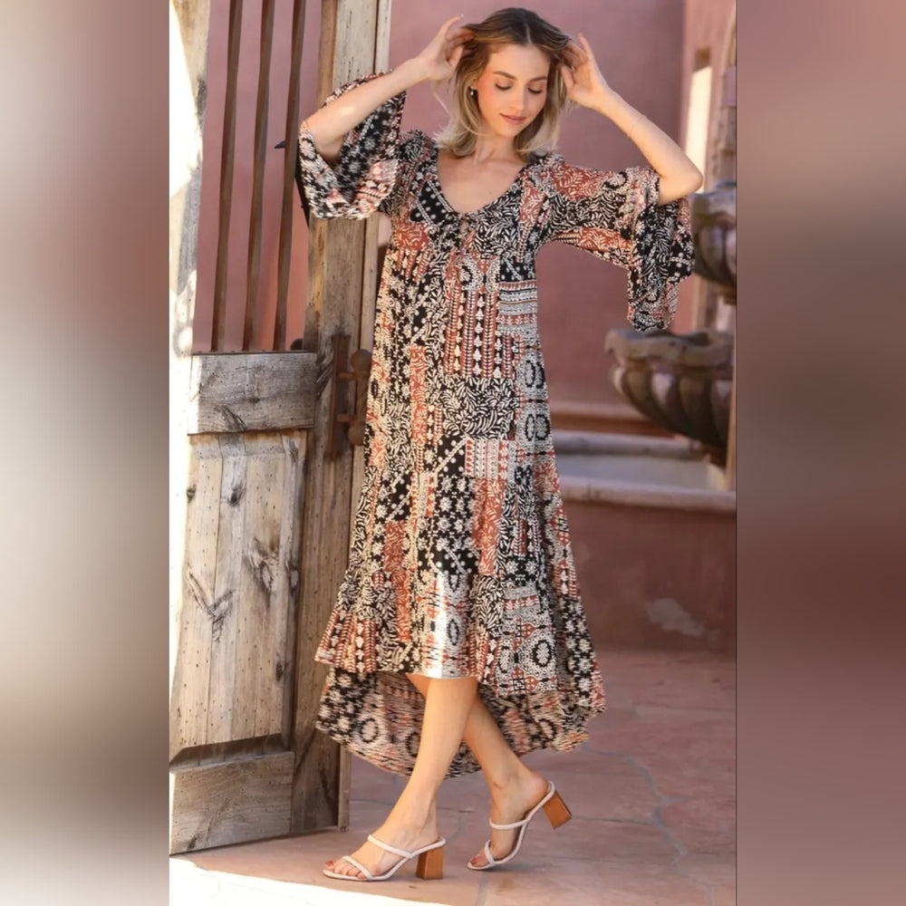 Angie High Low Bohemian Dress in Black and Cream