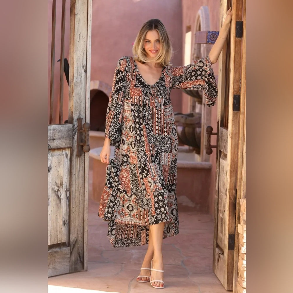 Angie High Low Bohemian Dress in Black and Cream