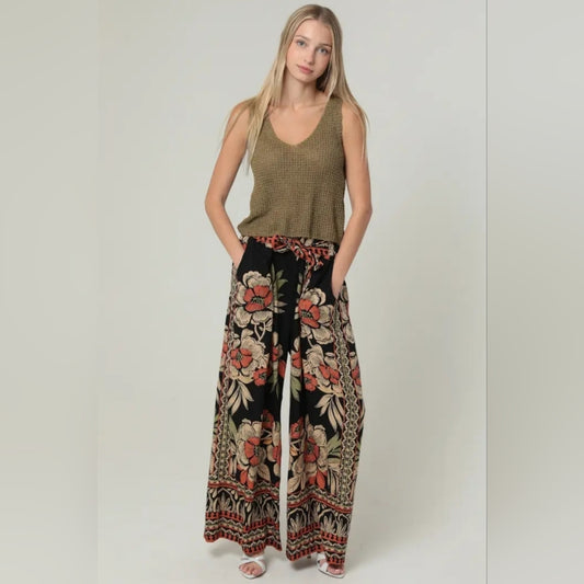 Angie Black and Red Floral Wide-Leg Pants