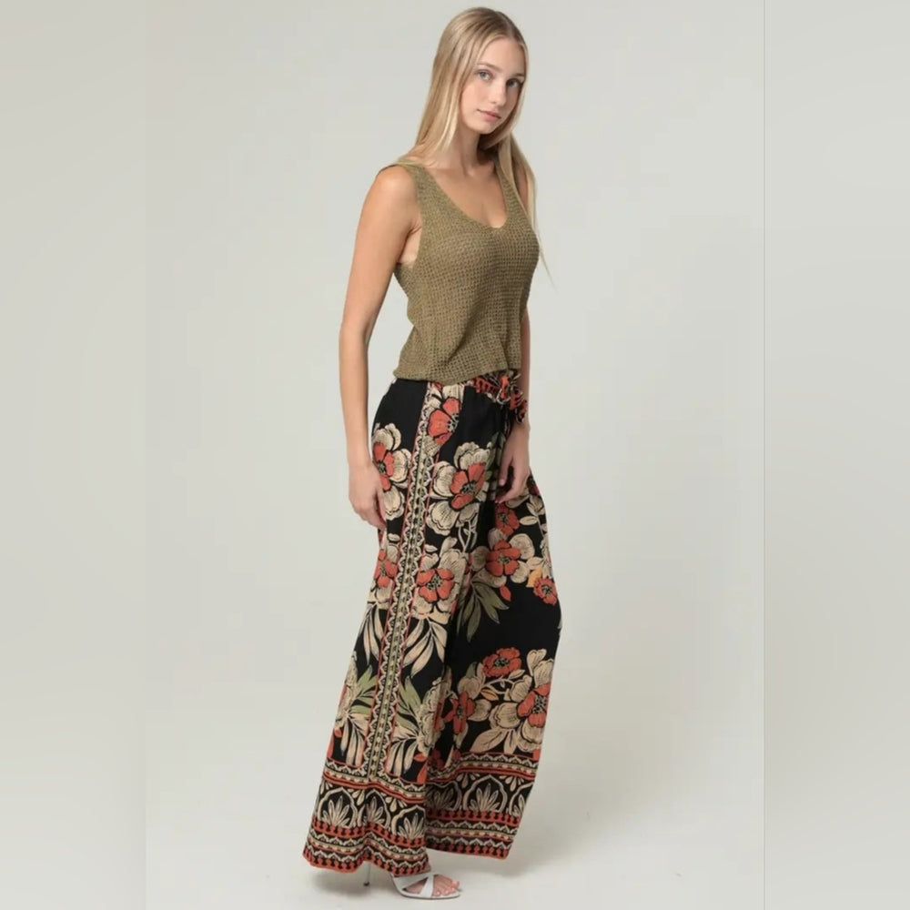 Angie Black and Red Floral Wide-Leg Pants