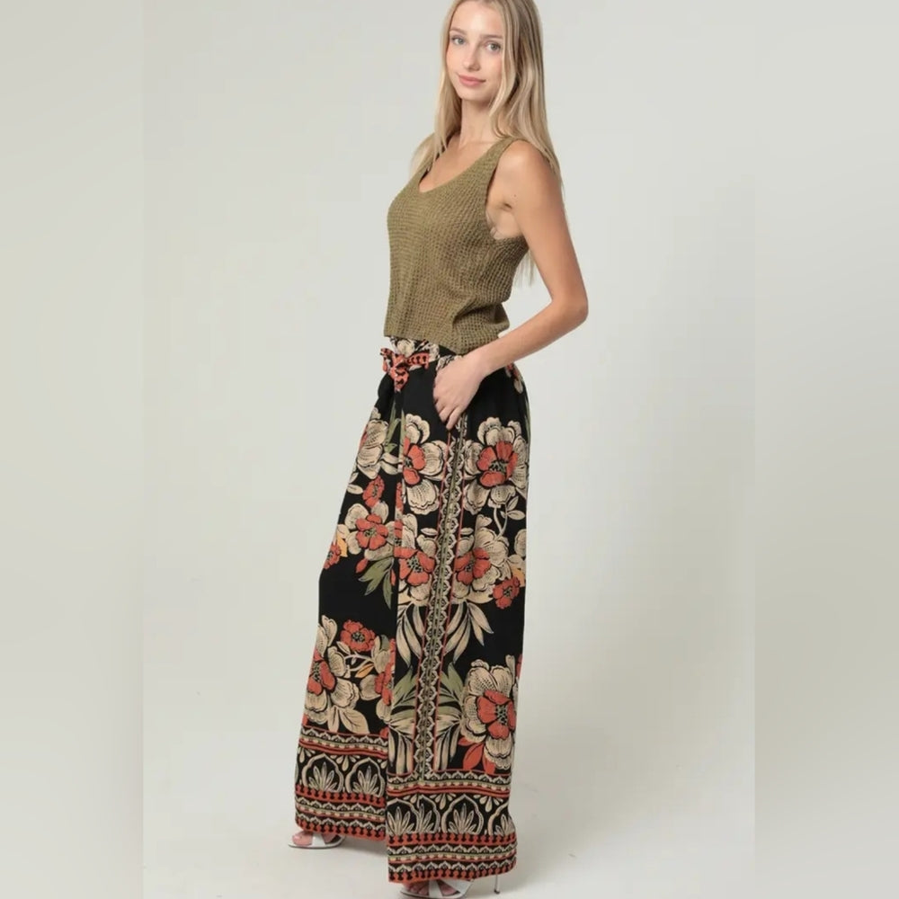 Angie Black and Red Floral Wide-Leg Pants