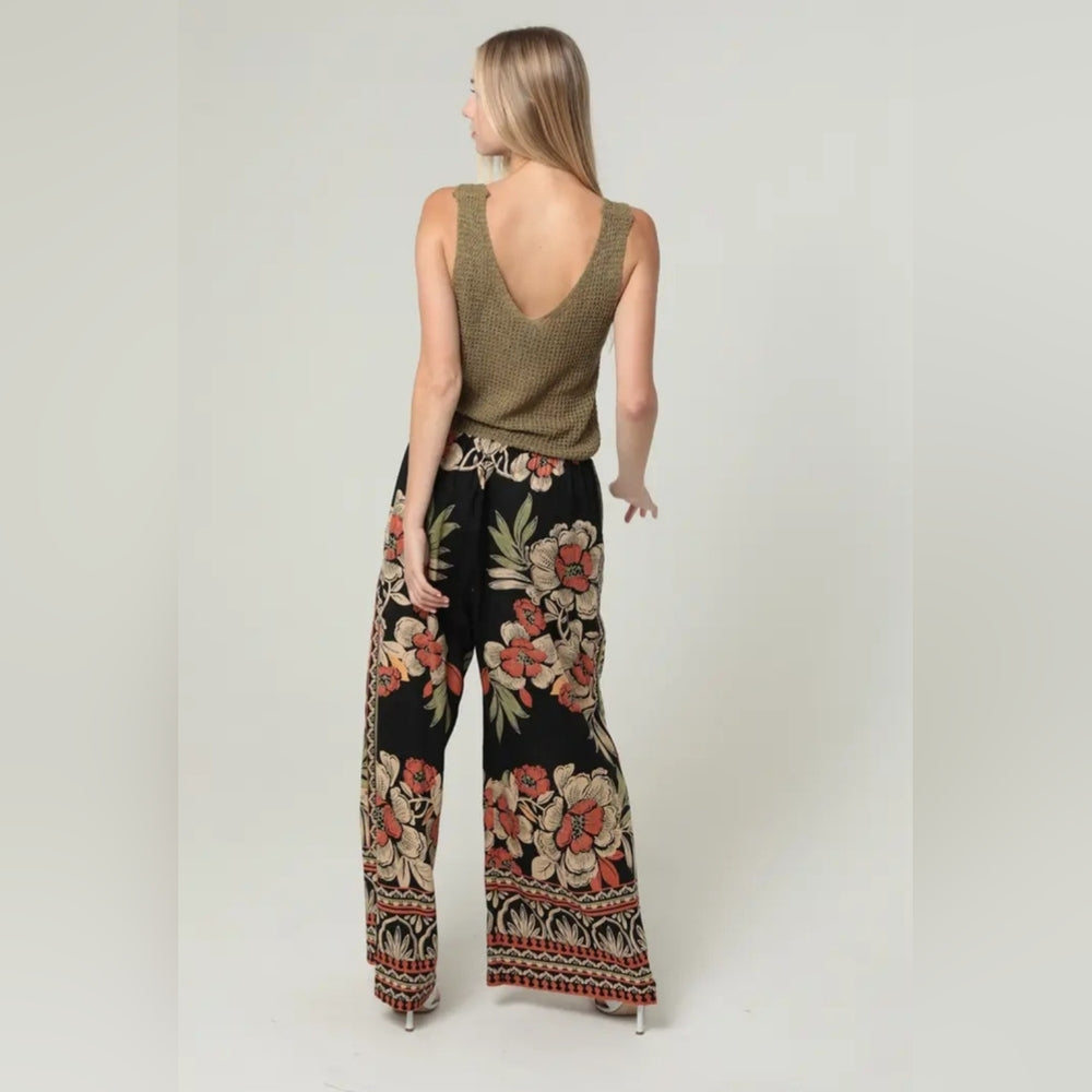 Angie Black and Red Floral Wide-Leg Pants