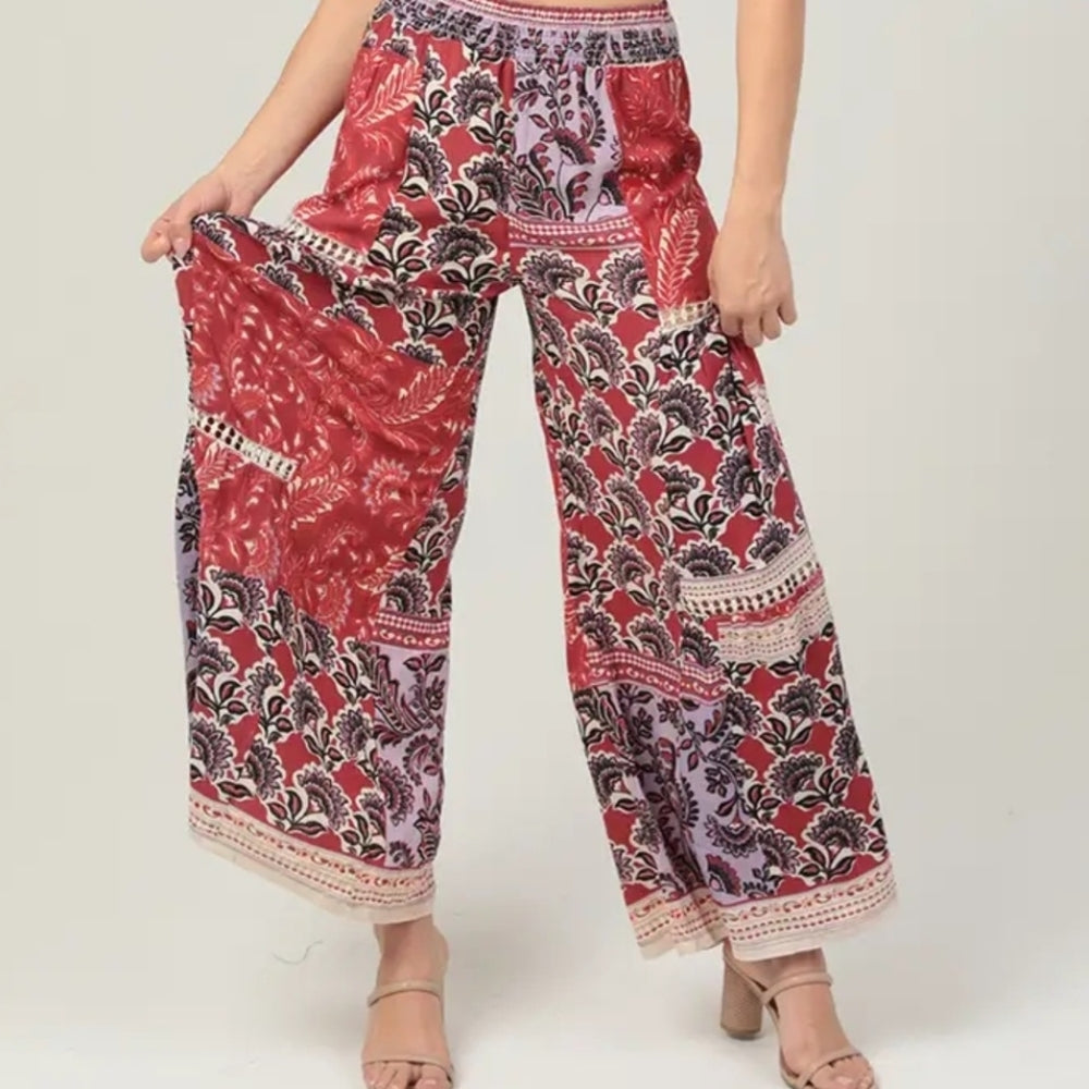 Angie Red and Black Floral Wide Leg Pants