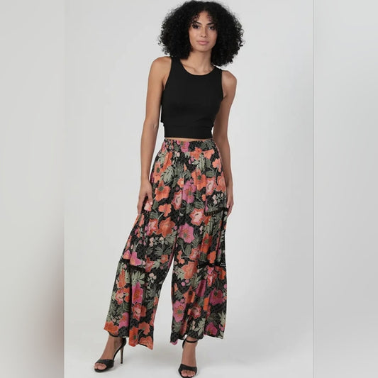 Angie Black and Pink Floral Wide-Leg Pants