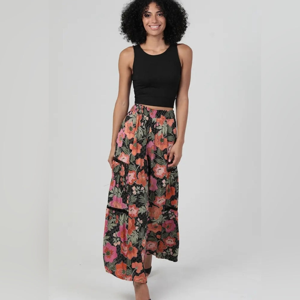 Angie Black and Pink Floral Wide-Leg Pants
