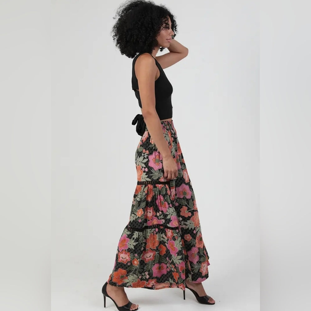 Angie Black and Pink Floral Wide-Leg Pants