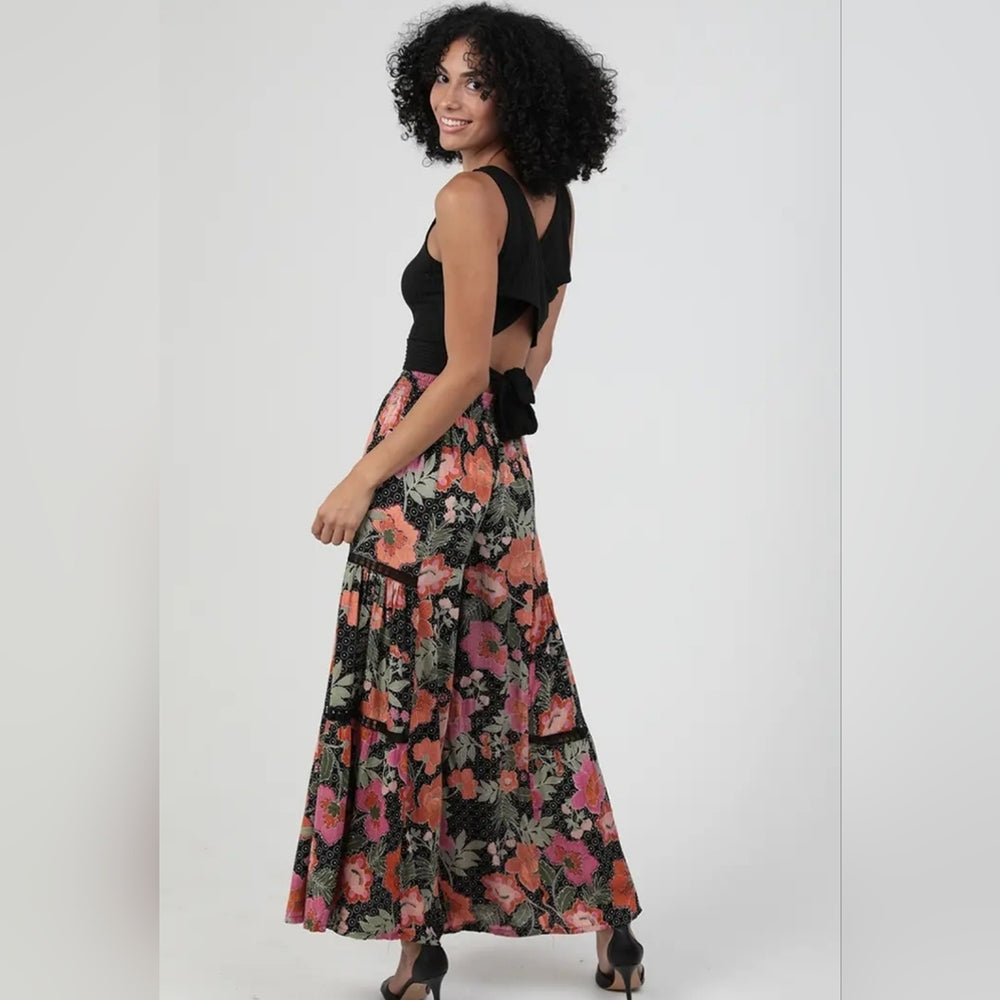 Angie Black and Pink Floral Wide-Leg Pants