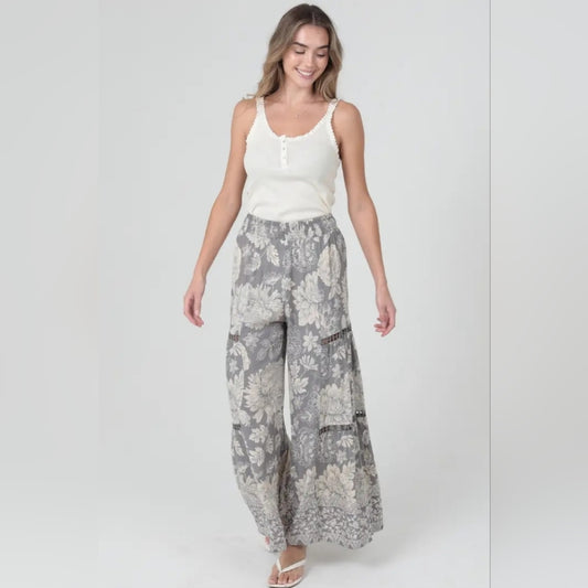 Angie Gray Floral Wide-Leg Pants