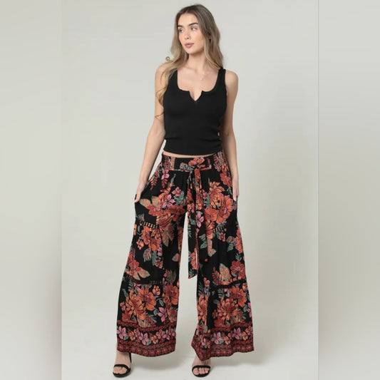 Angie Black and Red Floral Wide-Leg Pants