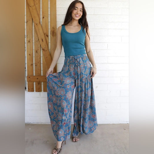 Angie Blue Floral Wide-Leg Pants