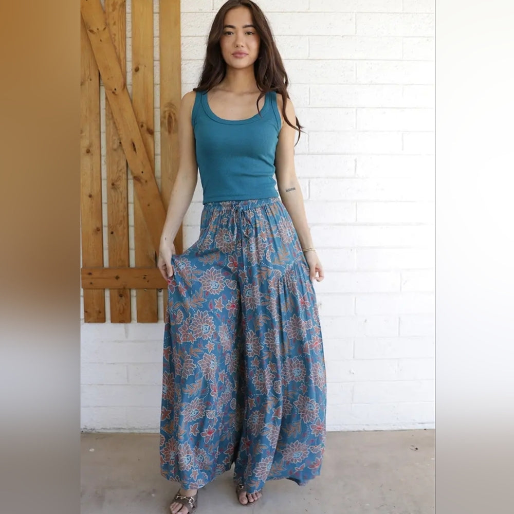 Angie Blue Floral Wide-Leg Pants