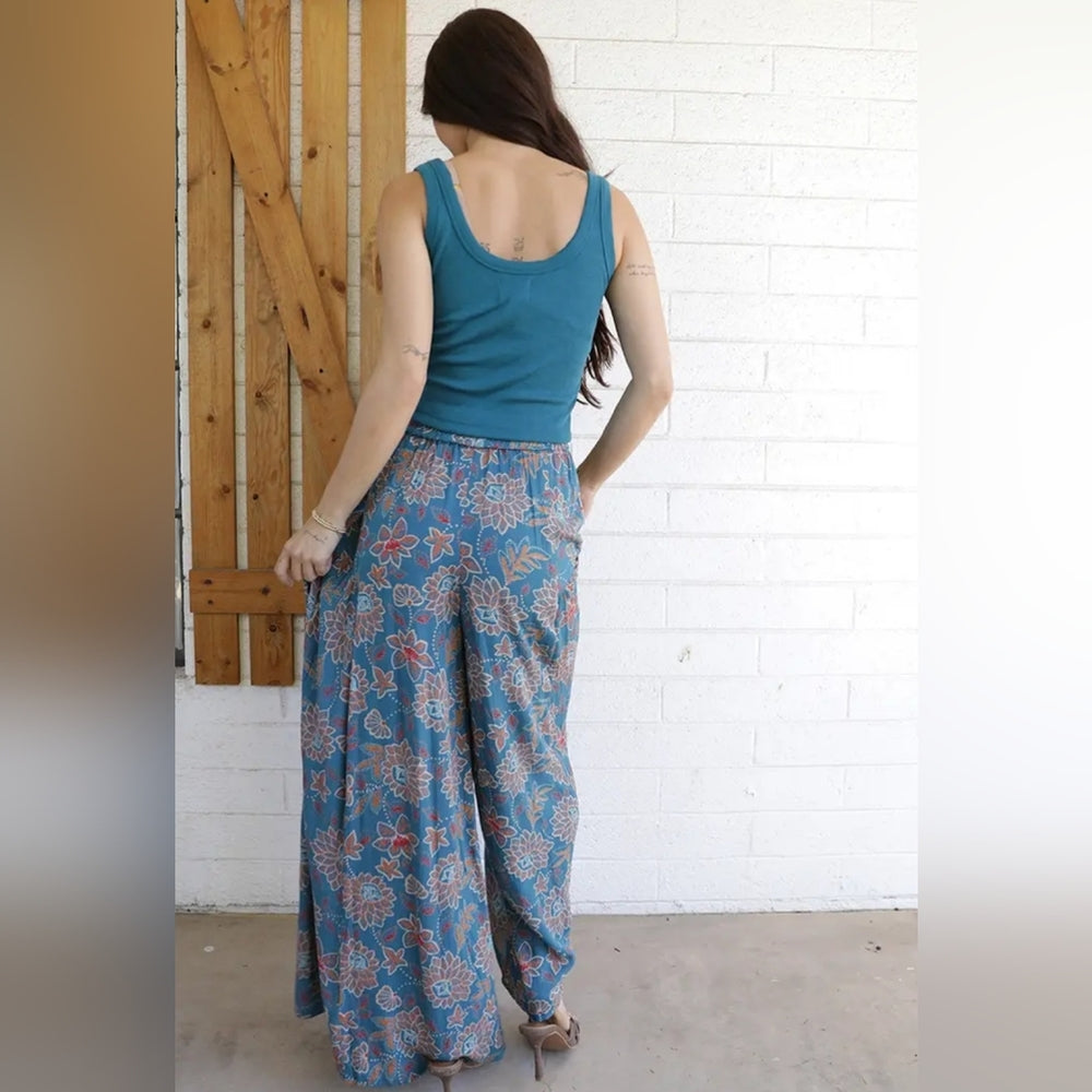 Angie Blue Floral Wide-Leg Pants