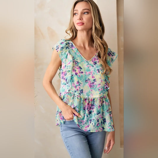 Floral V-Neck Ruffle Sleeve Top