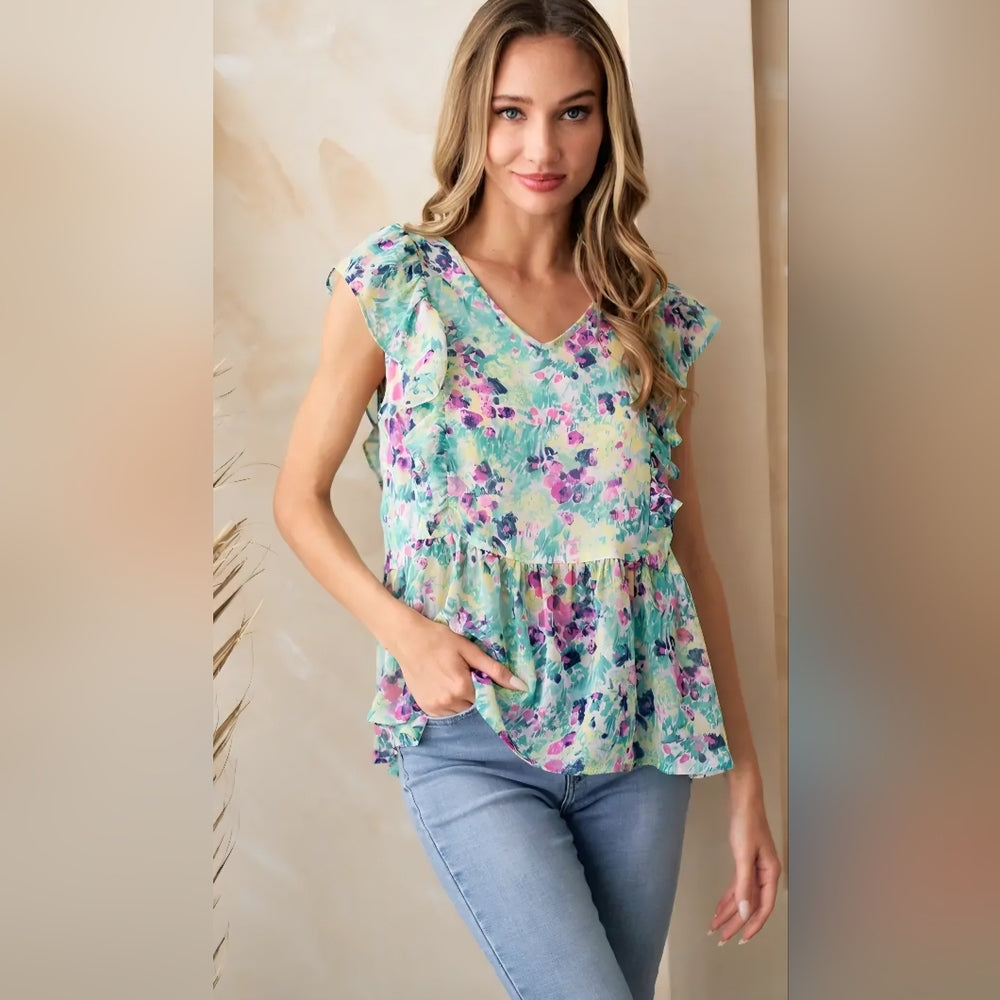 Floral V-Neck Ruffle Sleeve Top