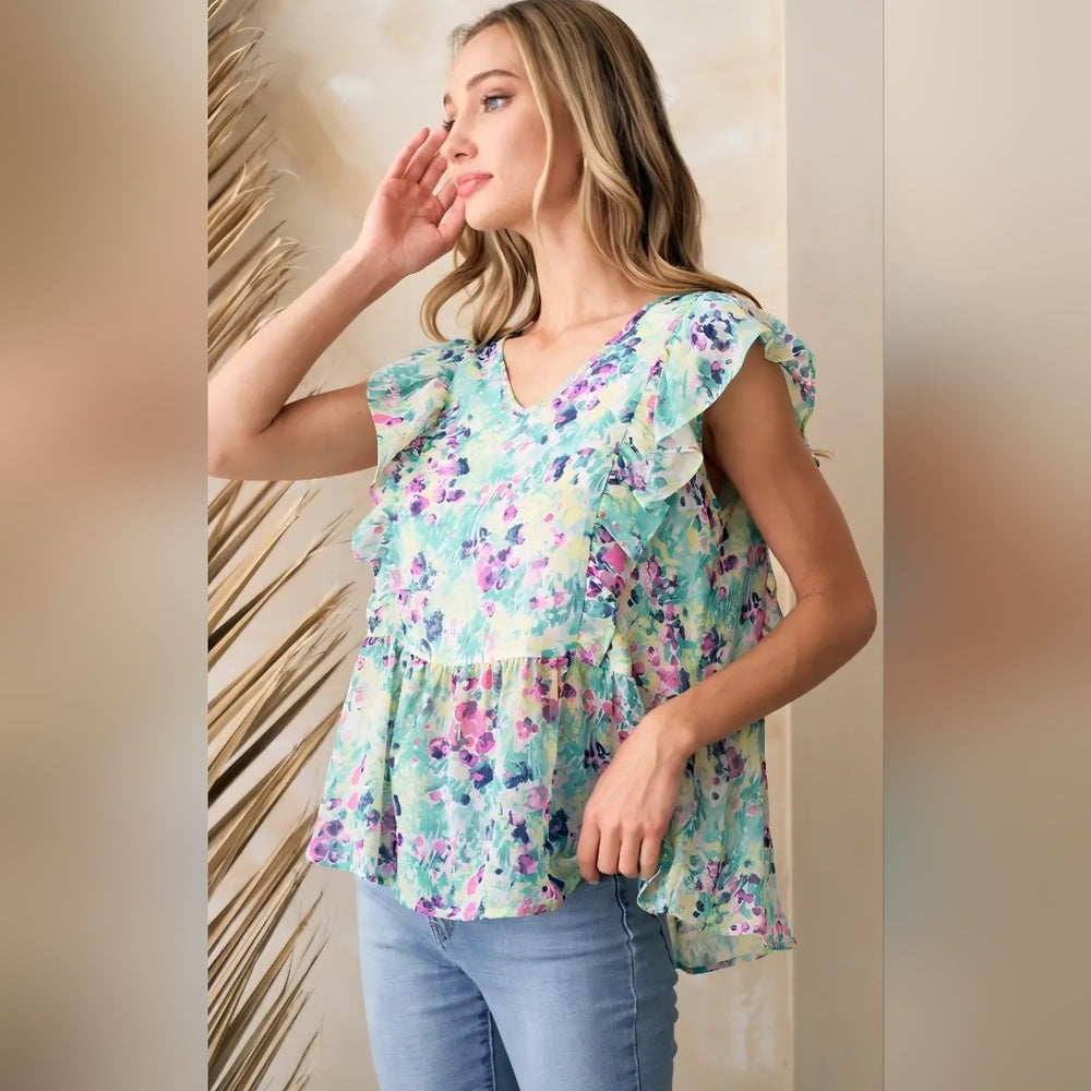 Floral V-Neck Ruffle Sleeve Top