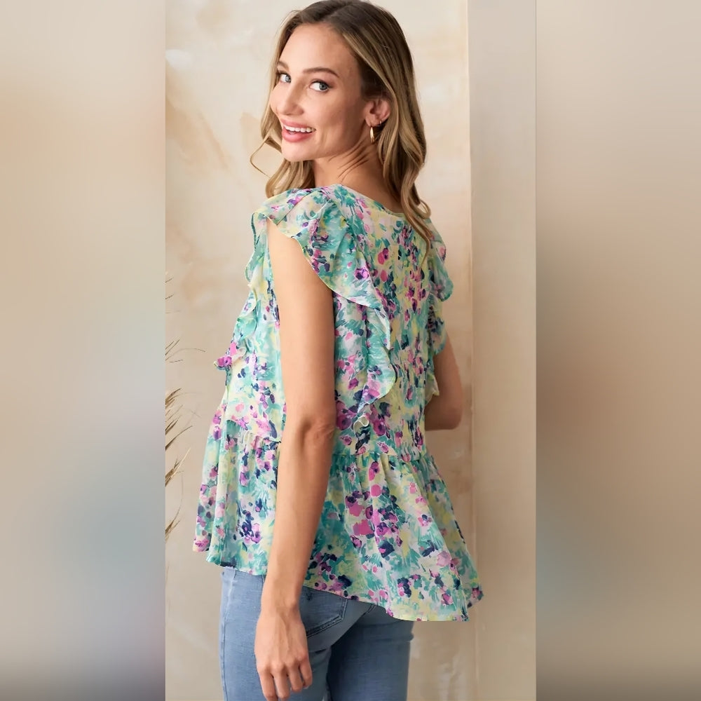 Floral V-Neck Ruffle Sleeve Top