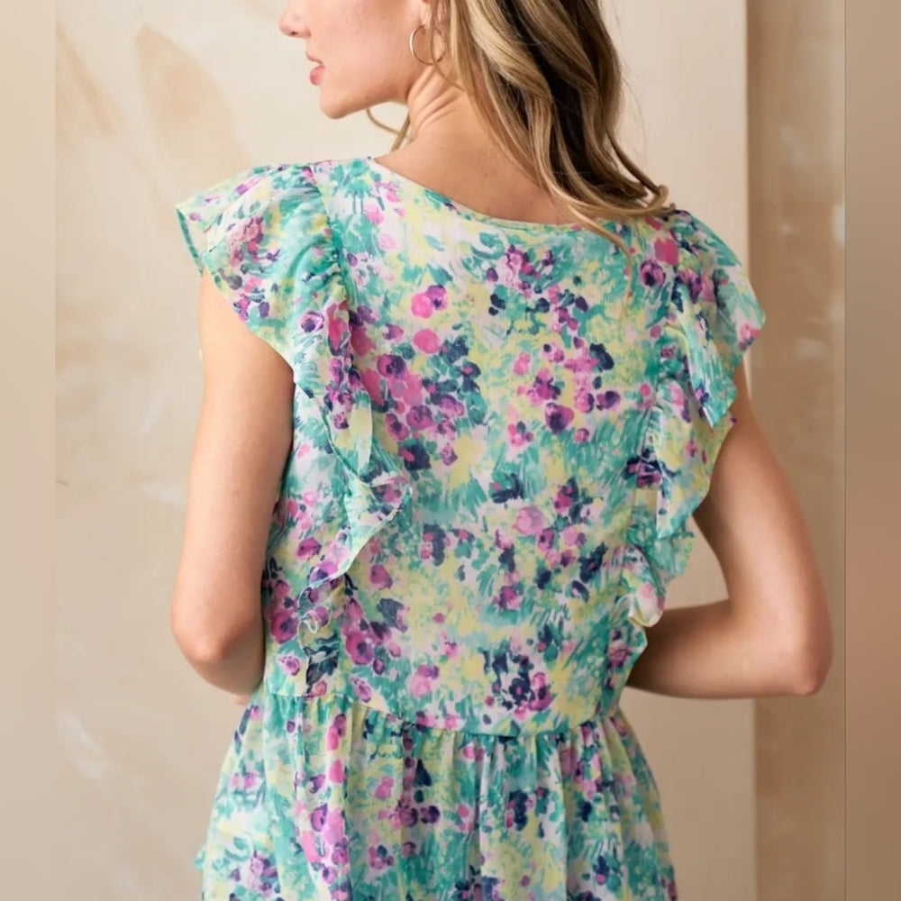 Floral V-Neck Ruffle Sleeve Top