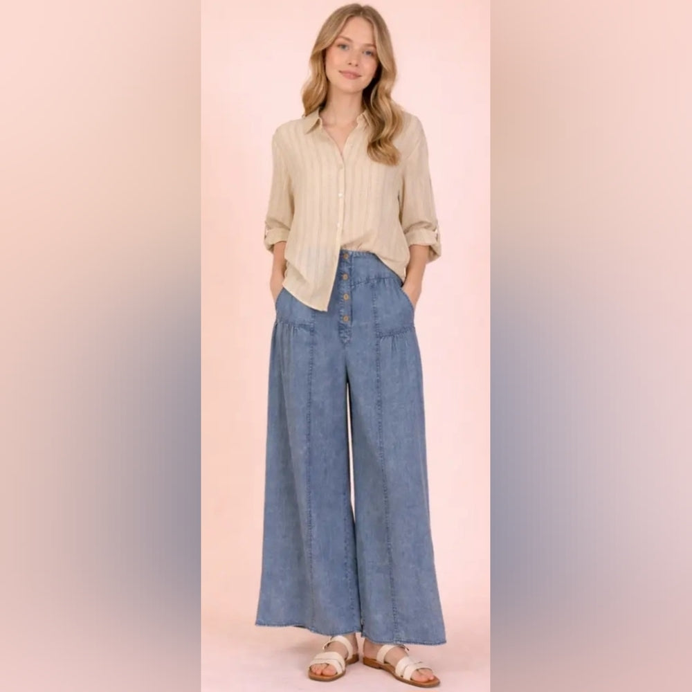 Mineral Wash Chambray Wide Leg Pants