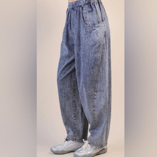 Washed Woven Casual Barrel Pants
