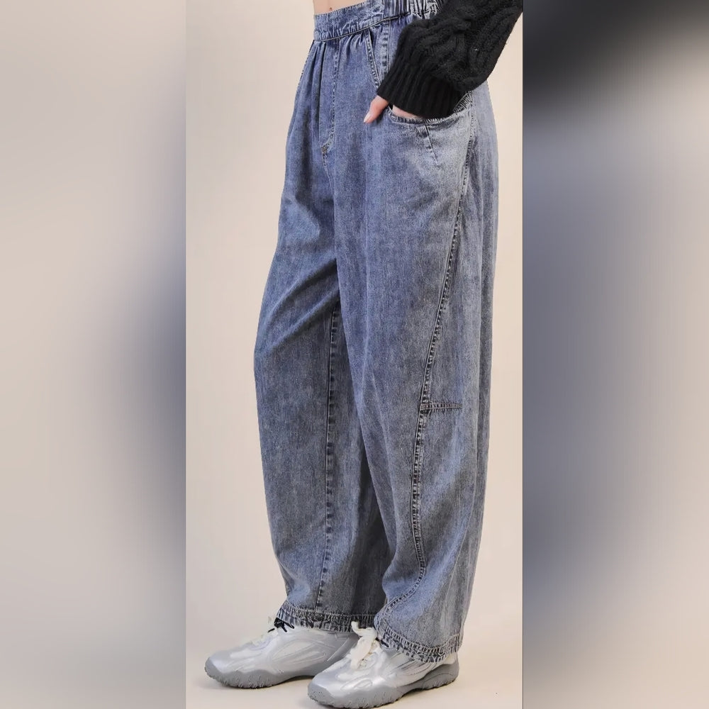 Washed Woven Casual Barrel Pants