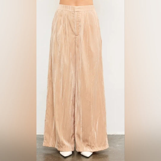 Beige Wide-Leg Pleated Pants