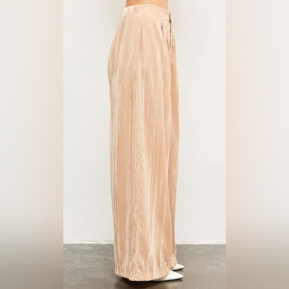 Beige Wide-Leg Pleated Pants