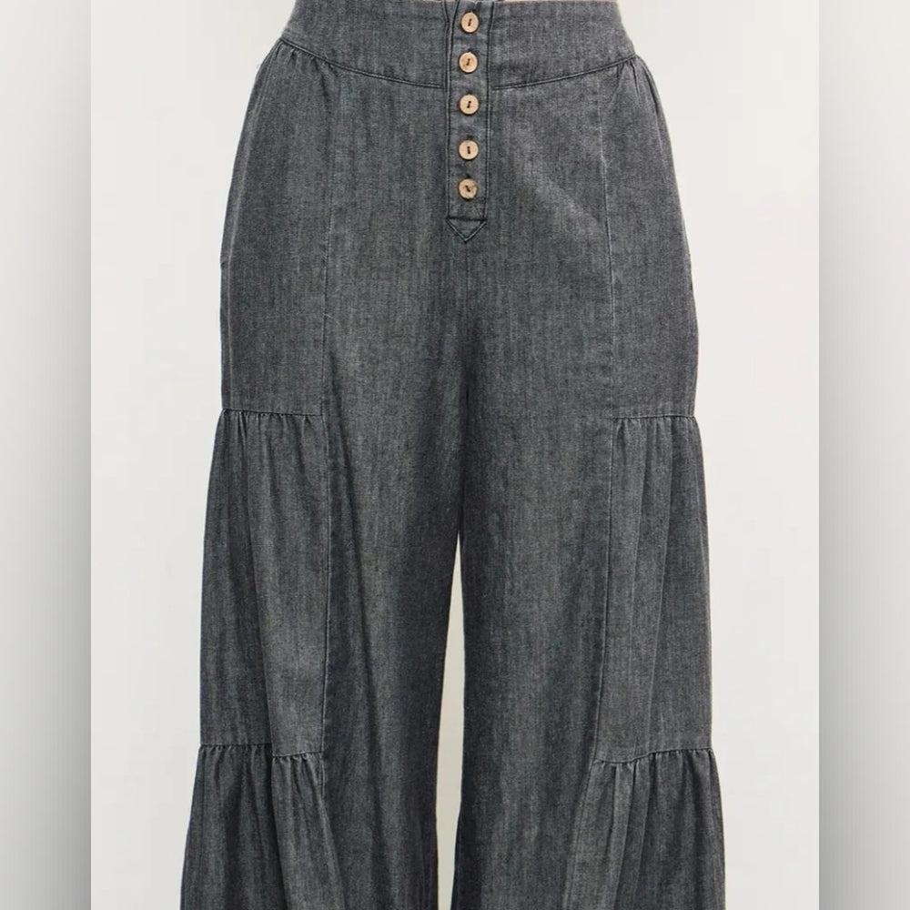 Charcoal Button Front Tiered Wide-Leg Pants