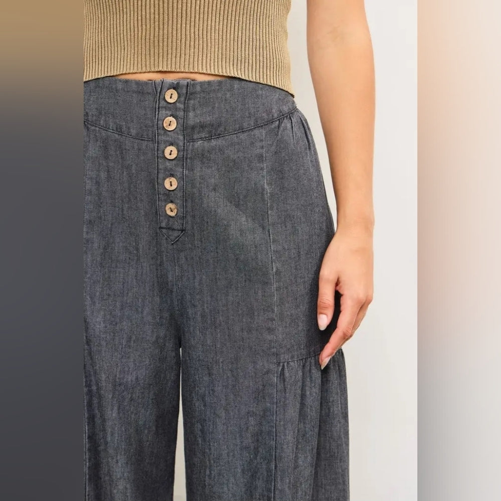 Charcoal Button Front Tiered Wide-Leg Pants