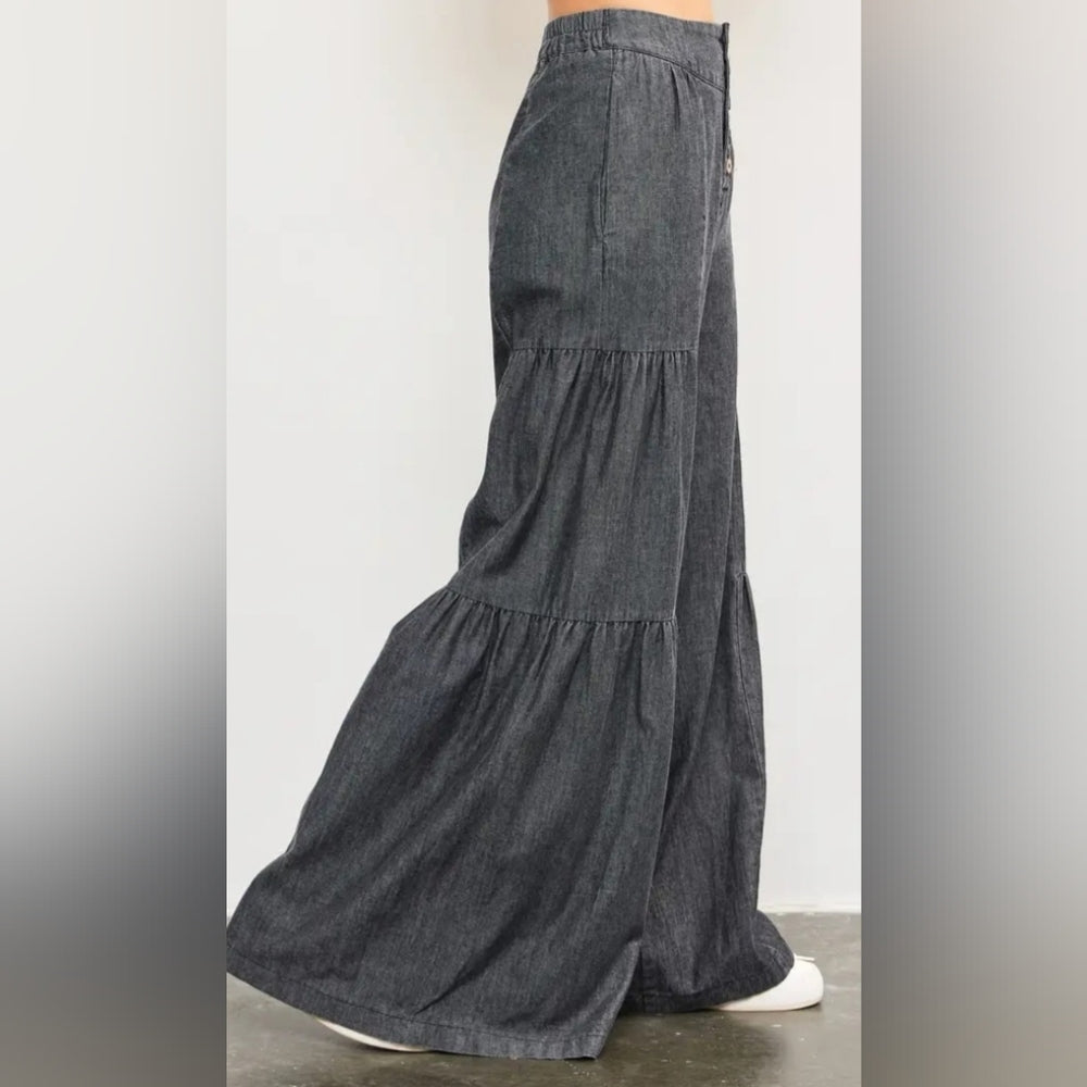 Charcoal Button Front Tiered Wide-Leg Pants