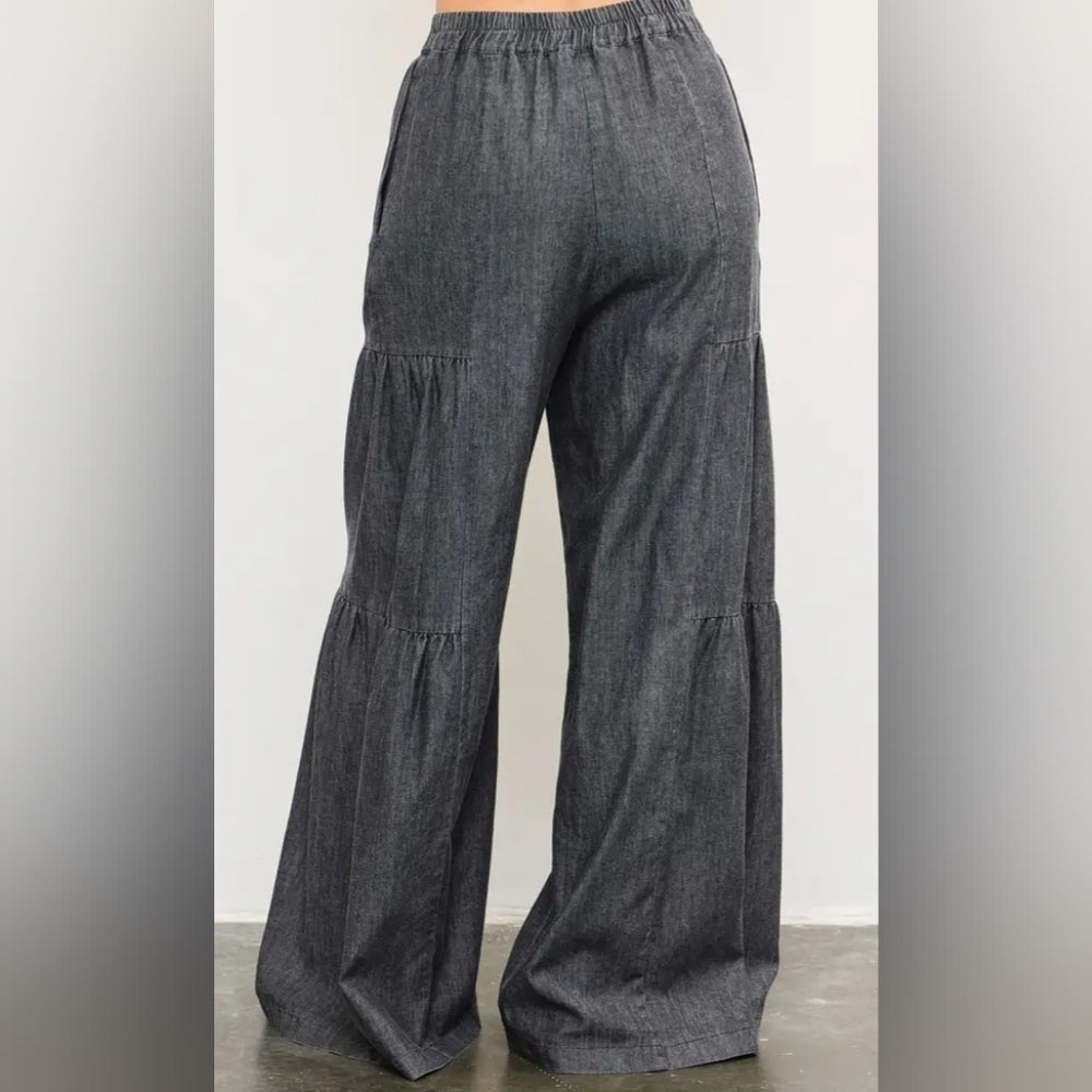 Charcoal Button Front Tiered Wide-Leg Pants