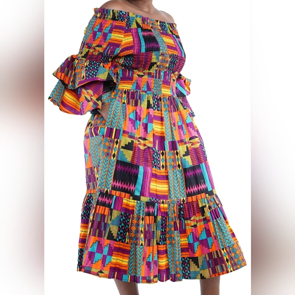 Vibrant Multicolor Off-Shoulder Dress/ With Headband