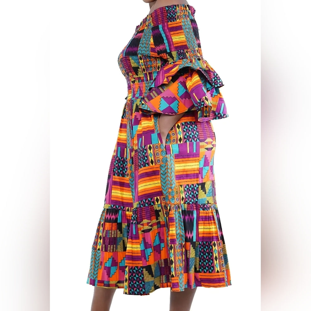 Vibrant Multicolor Off-Shoulder Dress/ With Headband