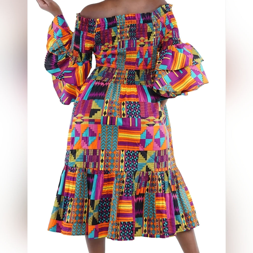 Vibrant Multicolor Off-Shoulder Dress/ With Headband