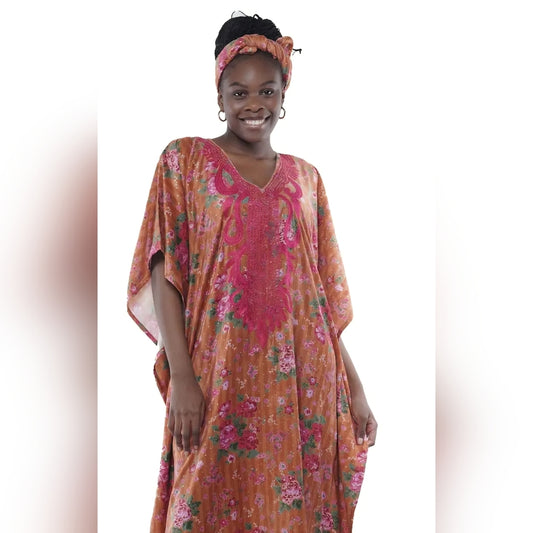 Floral Kaftan Dress with Pink Embroidery and headband