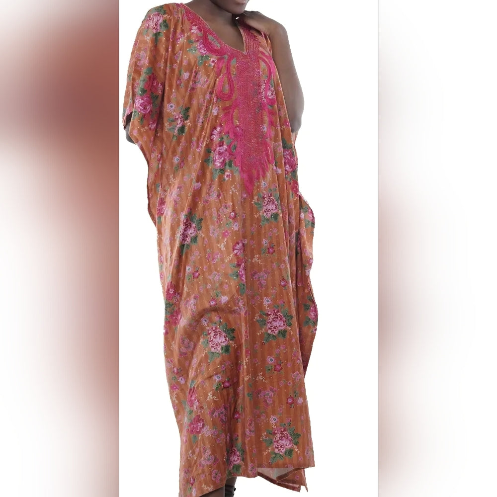 Floral Kaftan Dress with Pink Embroidery and headband