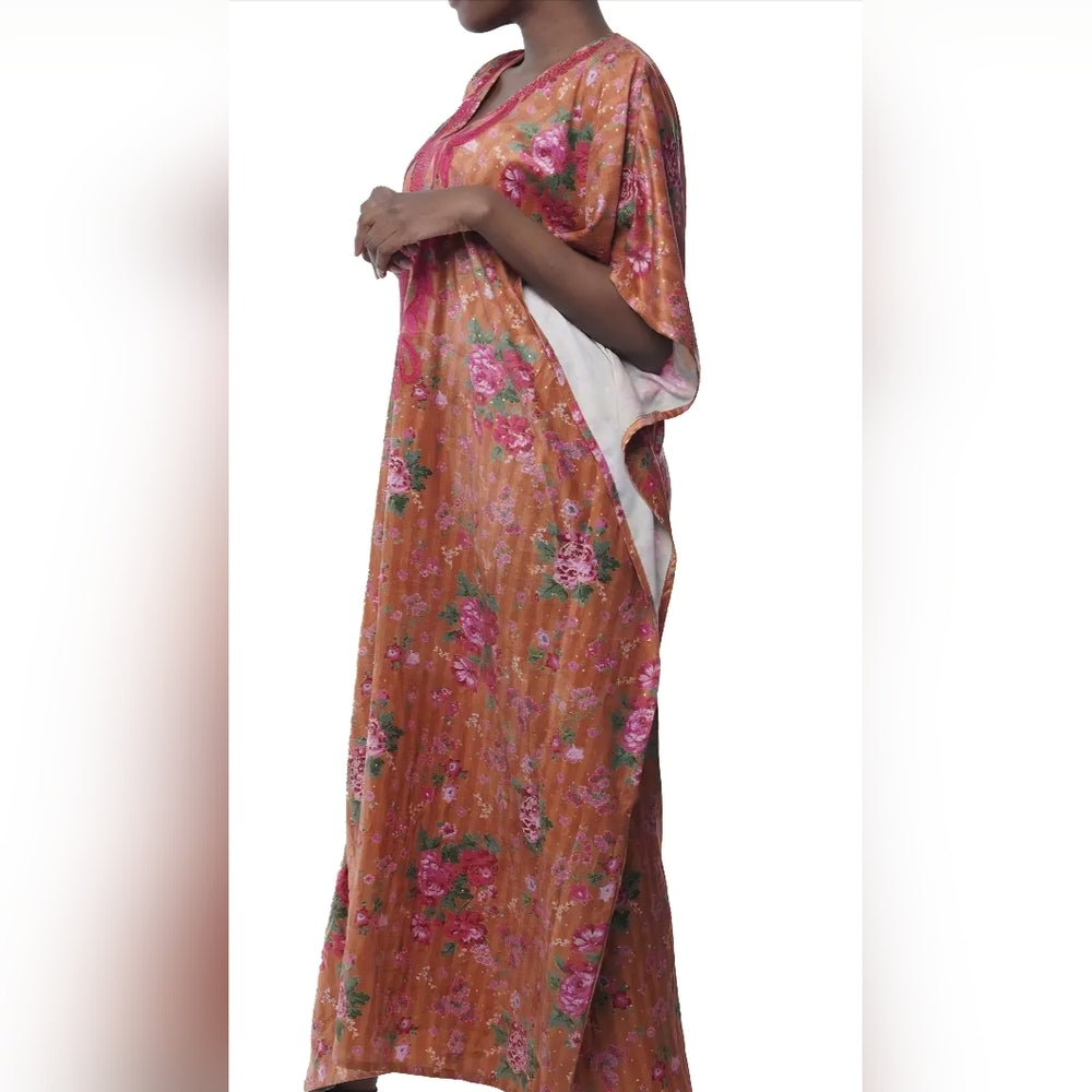 Floral Kaftan Dress with Pink Embroidery and headband
